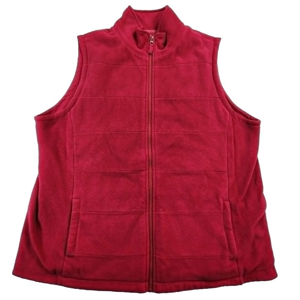Lands End Fleece Vest Red Womens XL Full Zip Quilted Mock Neck Sleeveless